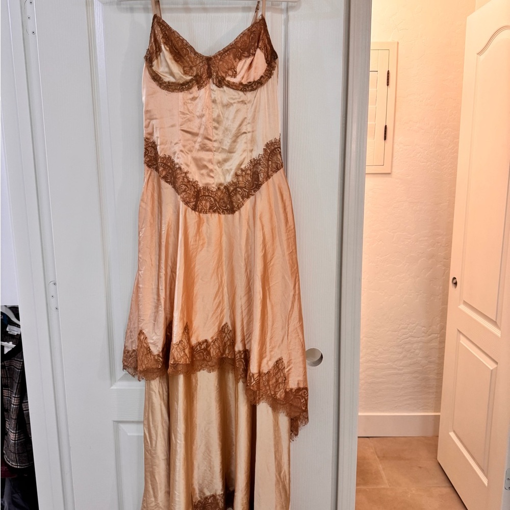 FREE PEOPLE/ Nigel Preston Elegant Lace Trim Dress in Peach and Brown